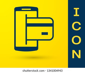 Blue NFC Payment icon isolated on yellow background. Mobile payment. NFC smartphone concept. Transfer icon. Vector Illustration