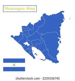 Blue Nicaragua country map vector with outlines for each city on white.