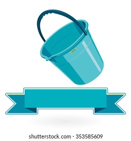 Blue nice classical plastic bucket with black handle on white - Construction tools flatten illustration master vector icon