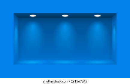 Blue niche for presentations illuminated with three light lamps