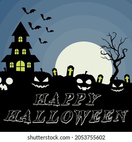 Blue night with castle and large moon. Vector Happy Halloween wish with pumpkins and bats.