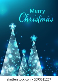 Blue night Christmas tree light card with bokeh glitter stars