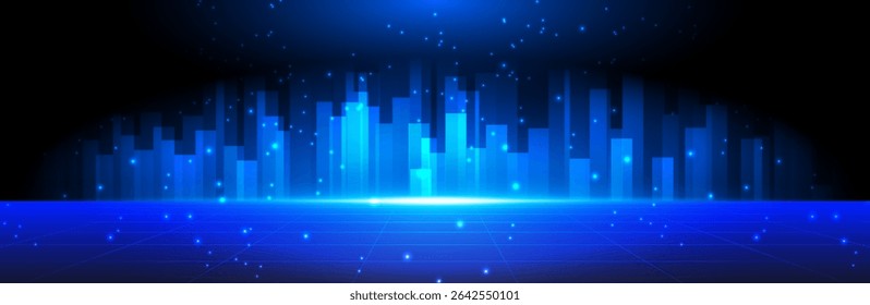 Blue Night City Background. Futuristic Abstract. Technology with Starry sky. Neon Light Effect for Product Presentation. Perspective Template. Vector Design.