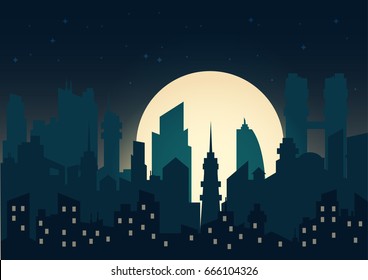 Blue night city view building design and big yellow moon with shiny star.