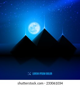 blue night  egypt  desert  landscape background scene illustration with moon, pyramids and stars