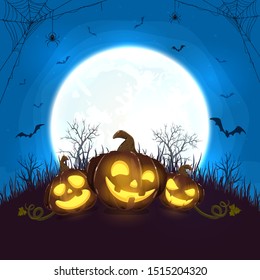 Blue night with halloween pumpkins on moon background. Holiday card with Jack O' Lanterns, bats and spiders. Illustration can be used for cards, invitations and banners
