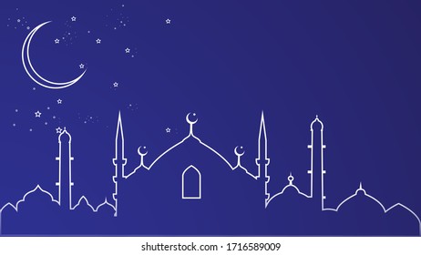 fondo islámico azul noche o papel pintado. diseñado con luna creciente y una mezquita. vectorial