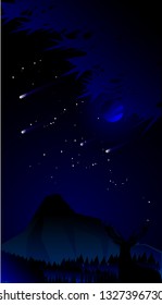 Blue night with mountains and deer.