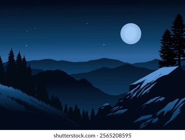 Blue night over mountain range with full moon. Moonlight reflects on the rocks