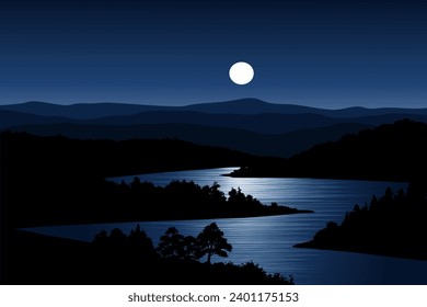 Blue night over river with moon