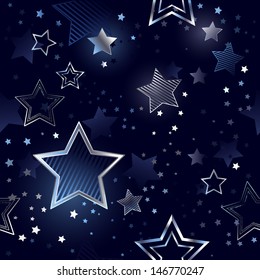 Blue Night Seamless Background With Shiny Silver Stars.
