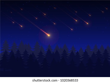 Blue night sky background with fire meteor storm,tree and stars.  Vector illustration.