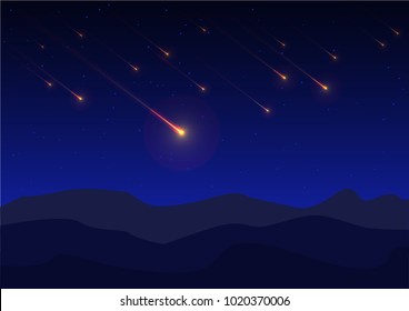 Blue night sky background with fire meteor storm,mountain and stars. Moonligt night. Vector illustration.