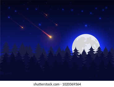 Blue night sky background with supe moon,fire meteor,tree  and stars. Moonlight night. Vector illustration.