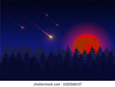 Blue night sky background with super blood moon,fire meteor,tree and stars. Moonlight night. Vector illustration.