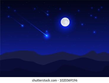 Blue night sky background with super moon,meteor;mountain and stars. Moonlight night. Vector illustration.