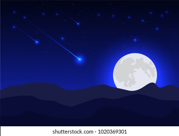 Blue night sky background with super moon,meteor;mountain and stars. Moonlight night. Vector illustration.