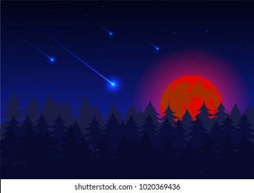Blue night sky background with super blood moon,meteor,tree and stars. Moonlight night. Vector illustration.