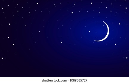 blue night sky with a crescent and stars