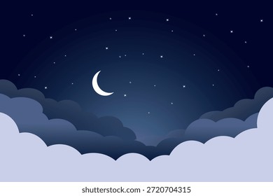 Cielo de noche azul luna en nubes cielo ilustración plano gradiente de Vector