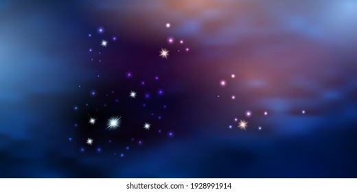 Blue night sky with purple sunset light. Galaxy space background with shiny fying stars. Vector illustration