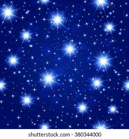 blue night sky seamless pattern with glowing stars. Vector illustration.