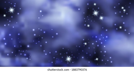 Blue night sky with shiny stars. Galaxy space background, nebula stardust. Cosmic universe. Vector illustration