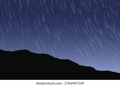 Blue night sky with star trails. Landscape, mountain slope silhouette