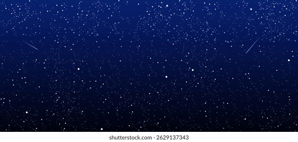 Blue night sky with stars and flying meteorites in outer space, universe with gradient effect background. Shooting stars with stardust trails in galaxy, sparkle of planet and comet vector illustration