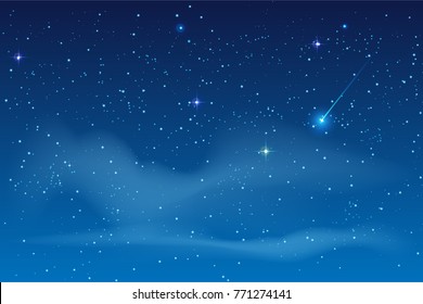 Blue night starry sky. Bright star to fall meteorite. Vector astronomy illustration