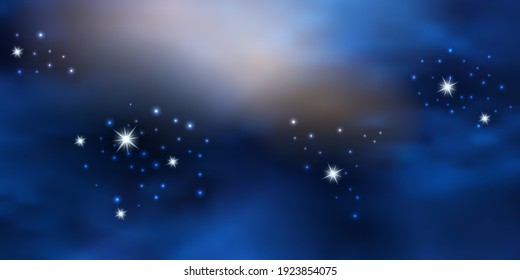 Blue night starry sky. Cosmic galaxy space background with nebula, shiny flying stars and clouds. Vector illustration