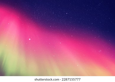 Cielo estelar de noche azul y luces polares rosas. Aurora boreal púrpura