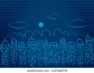 Blue night vector city with houses and their silhouettes, clouds and the moon on a striped background