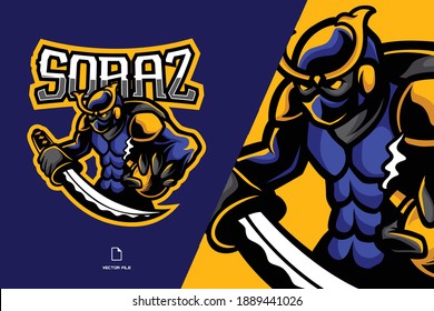 blue ninja assassin with katana sword mascot logo illustration