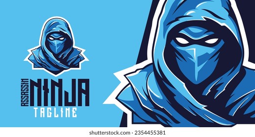 Blue Ninja Assassin Vector Graphic: Logo, Mascot, Illustration for Sport and E-Sport Gaming Teams, Lethal Ninja Mascot Head
