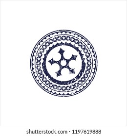 Blue ninja star icon inside distress rubber stamp with grunge texture