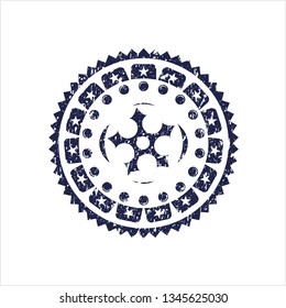 Blue ninja star icon inside distress grunge stamp