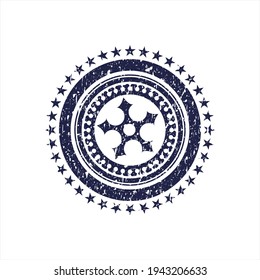 Icono de estrella de ninja azul dentro de angustiado con textura de sello de goma. 