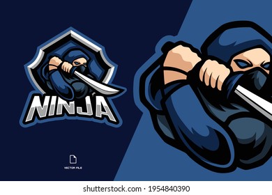 blue ninja with sword mascot esport logo illustration