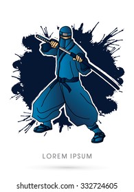 Blue Ninja and sword on splash grunge background graphic vector.
