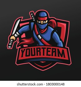 Blue Ninja with Swords Mascot Sport Illustration Design for Logo Esport Gaming Team Squad