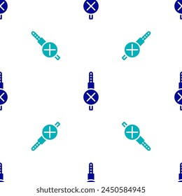 Blue No audio jack icon isolated seamless pattern on white background. Audio cable for connection sound equipment. Plug wire. Musical instrument.  Vector