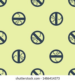 Blue No fishing icon isolated seamless pattern on yellow background. Prohibition sign.  Vector Illustration