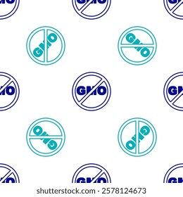 Blue No GMO icon isolated seamless pattern on white background. Genetically modified organism acronym. Dna food modification.  Vector