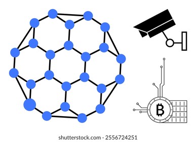 Blue nodes and black lines form a connected web. Further to the right, a security camera is positioned above a bitcoin with circuit lines. Ideal for digital security, blockchain technology