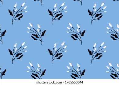 Patrón nórdico azul con berry blanca y ramificación de briar. Textura delgada para el diseño textil, mosaico repetido vectorial. Estilo escandinavo minimalista con elementos dibujados a mano