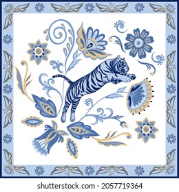 Blue nordic tiger in ornamental frame with abstract asian floral elements.  Abstract oriental paisley flowers