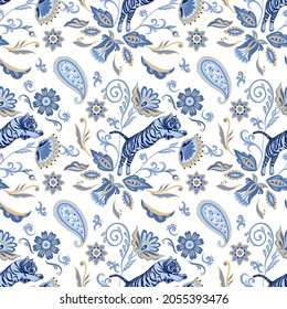 Blue nordic tigers and abstract folk flowers and leaves. Vector seamless pattern