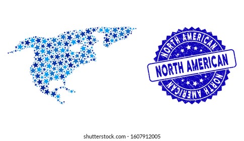 Blue North America map composition of stars, and distress rounded stamp seal. Abstract territorial scheme in blue color tinges. Vector North America map is designed of blue stars.