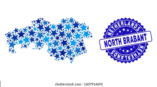 Blue North Brabant Province map collage of stars, and grunge rounded seal. Abstract geographic plan in blue color tones. Vector North Brabant Province map is done of blue stars.
